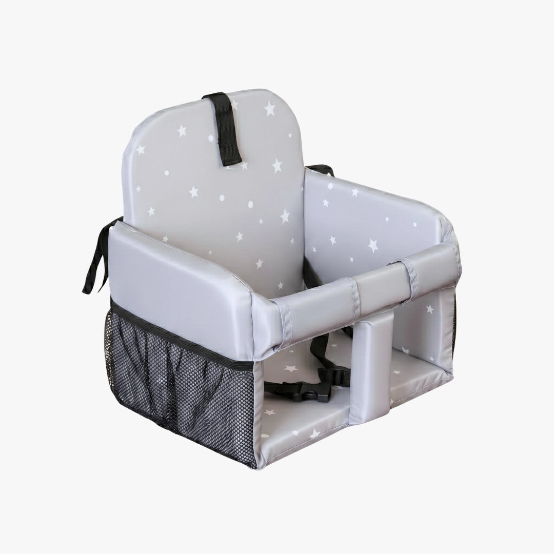 Coco Comfort Seat in grey stars pattern,
front view, unfolded