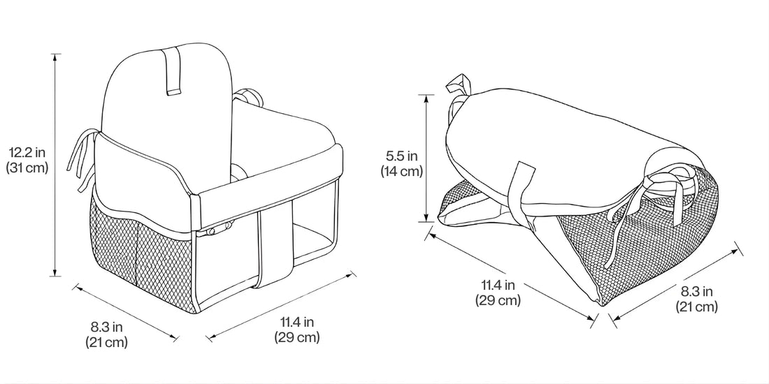 Coco Comfort Seat dimensions: upright 8.3 in wide x 11.4 in deep x 12.2 in tall (21 x 29 x 31 cm); folded 8.3 in x 11.4 in x 5.5 in high (21 x 29 x 14 cm)